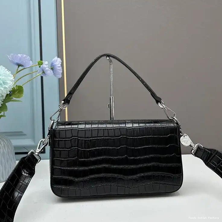 Cheap HOT Leather Crocodile Fendi Re-Edition Bag Black In Baguette Medium 0704
